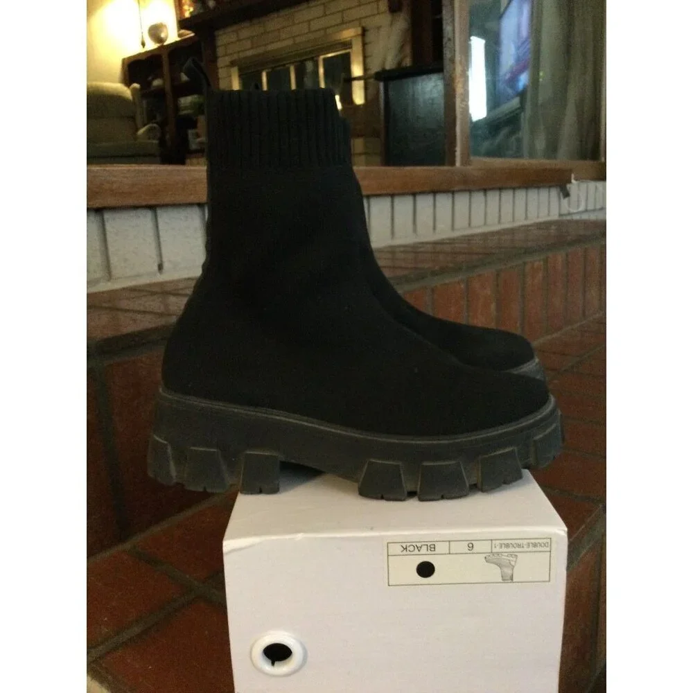Womens Sock Boots Ladies Chunky Sole Chelsea Black Ankle Booties Size 6 - Picture 1 of 6